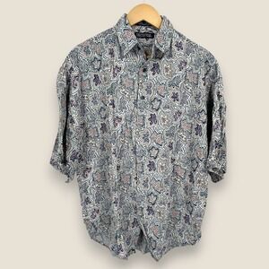 Generra Collection Hawaiian Shirt Men Small 14.5 White Green Floral Rayon VTG